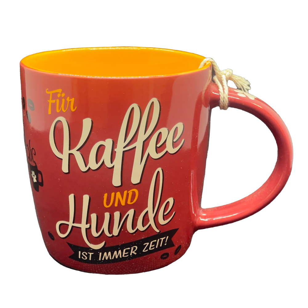 Kaffee-/Tee-Tasse "Kaffee und Hunde", rot-orange