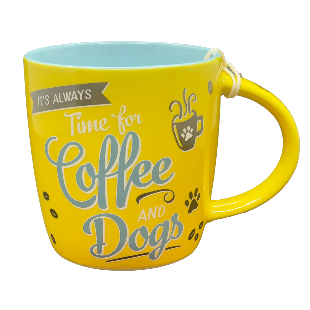 Kaffee-/Tee-Tasse "Coffee and dogs", gelb-hellblau