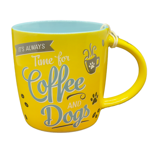 Kaffee-/Tee-Tasse "Coffee and dogs", gelb-hellblau